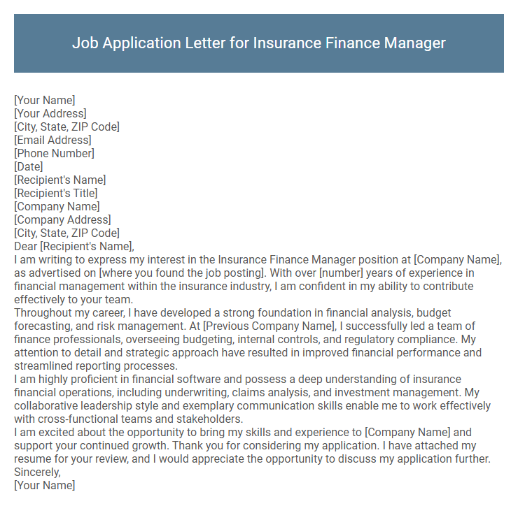 Job Application Letter for Insurance Finance Manager