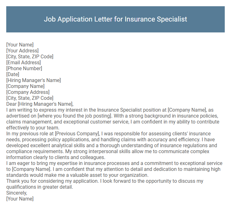 Job Application Letter for Insurance Specialist