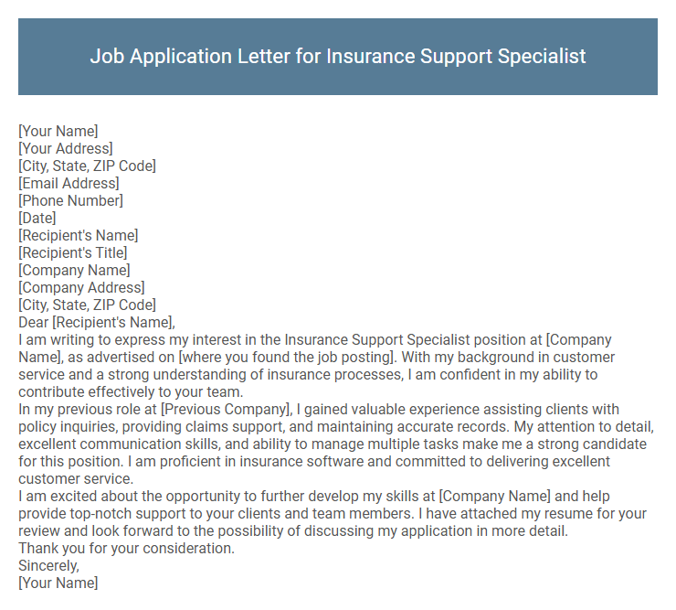 Job Application Letter for Insurance Support Specialist
