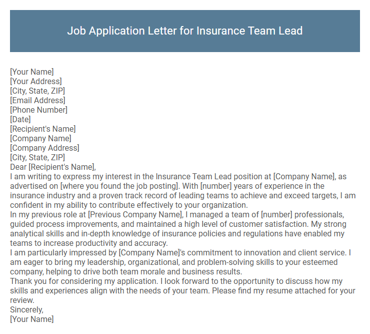 Job Application Letter for Insurance Team Lead