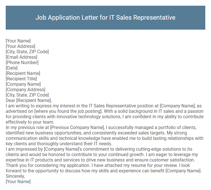 Job Application Letter for IT Sales Representative