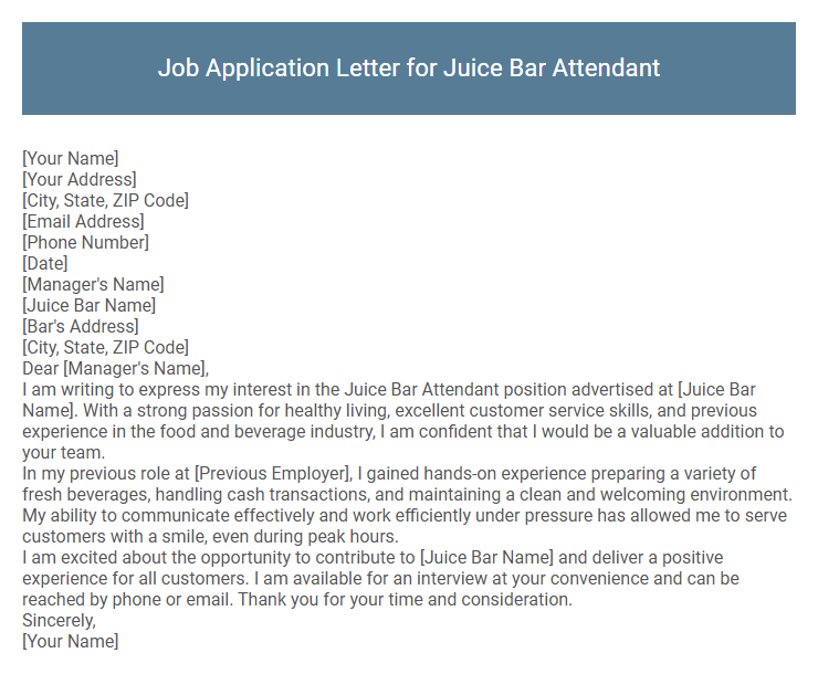 Job Application Letter for Juice Bar Attendant