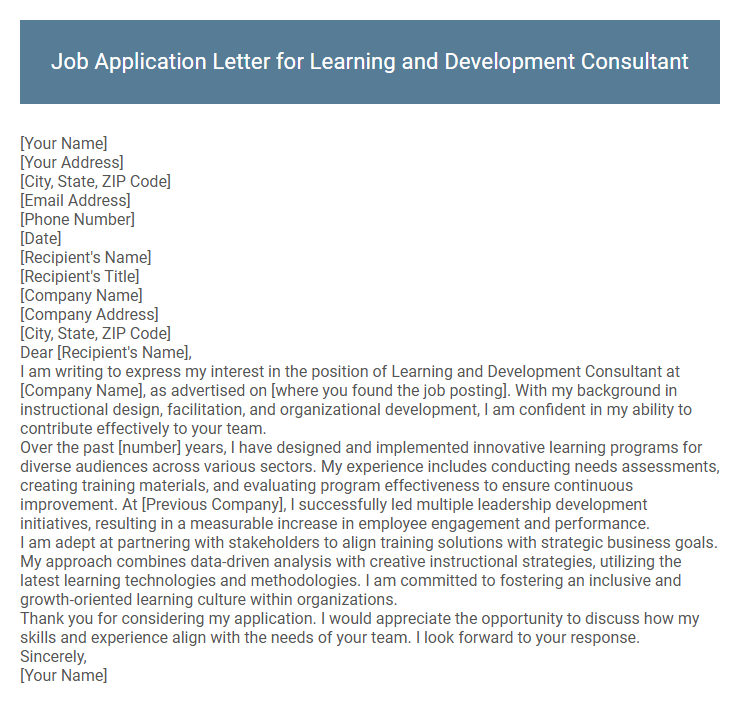 Job Application Letter for Learning and Development Consultant