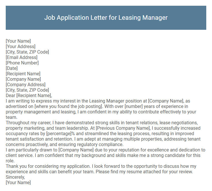 Job Application Letter for Leasing Manager