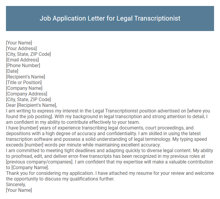 Job Application Letter for Legal Transcriptionist