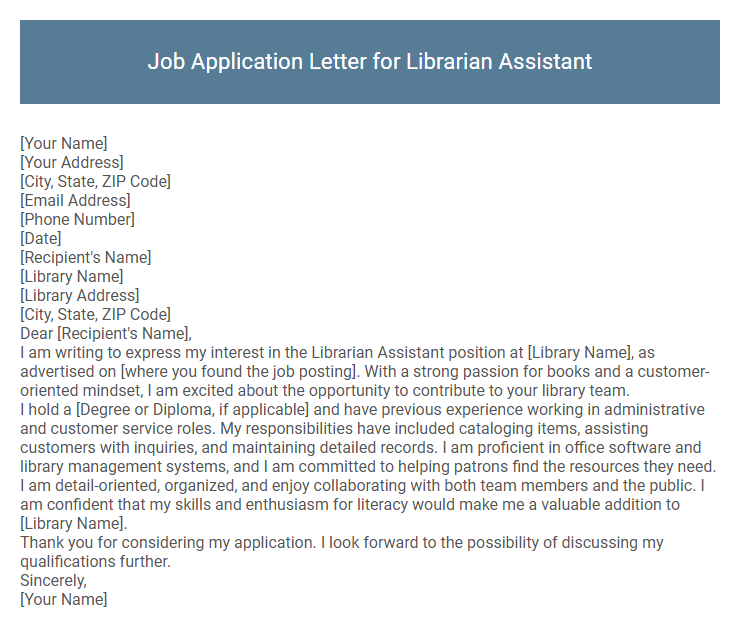Job Application Letter for Librarian Assistant