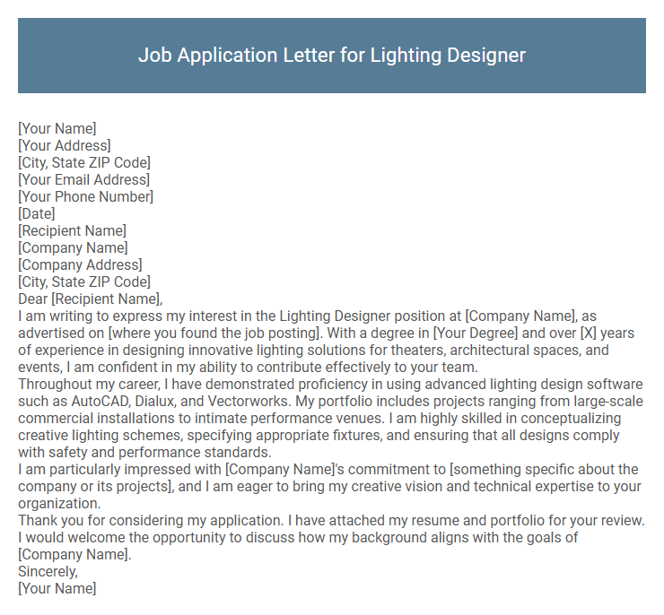 Job Application Letter for Lighting Designer