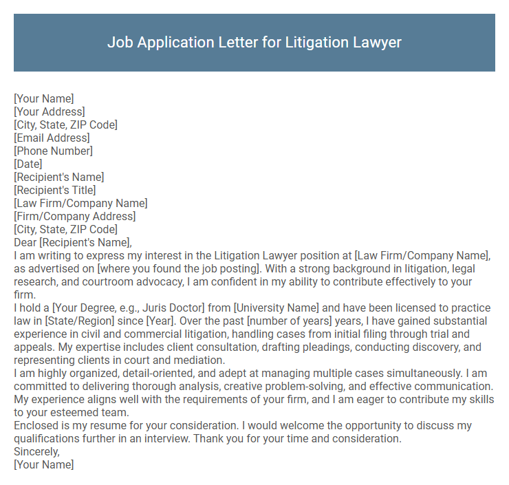 Job Application Letter for Litigation Lawyer