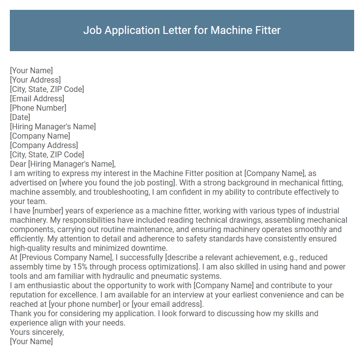 Job Application Letter for Machine Fitter