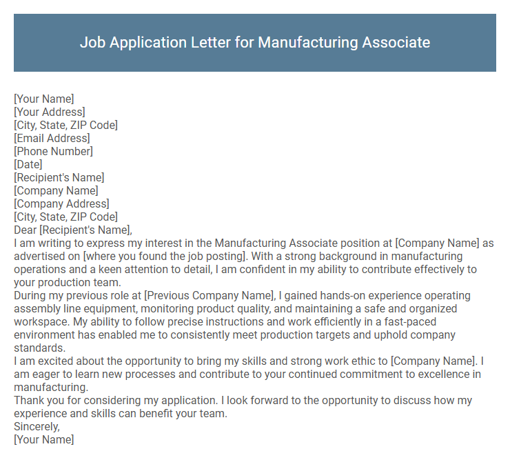 Job Application Letter for Manufacturing Associate