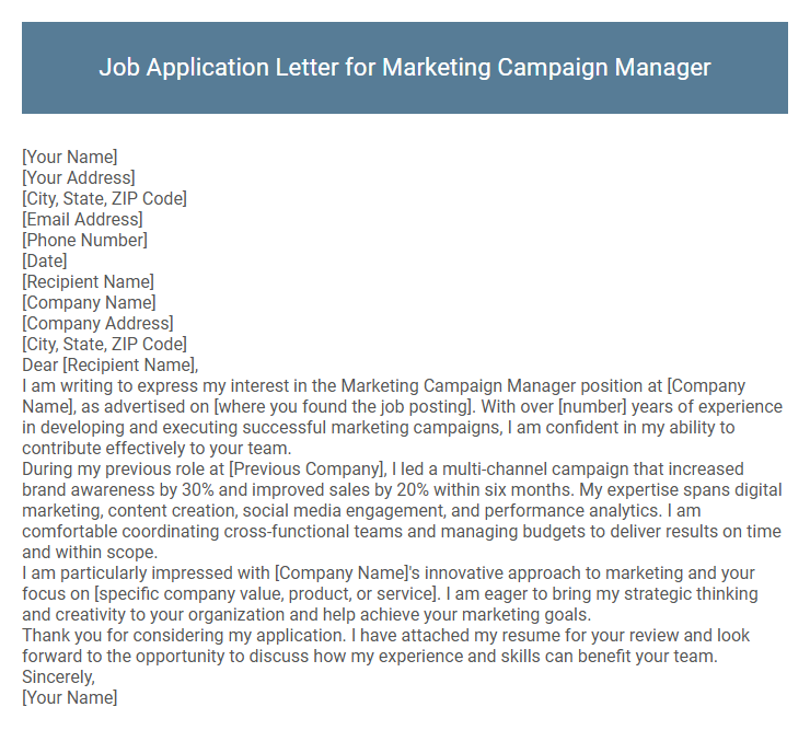 Job Application Letter for Marketing Campaign Manager