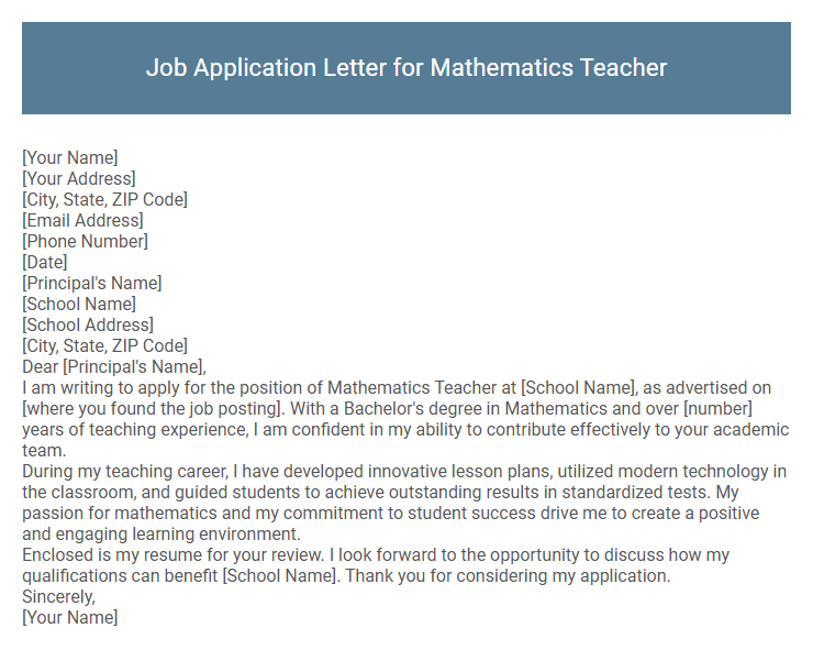Job Application Letter for Mathematics Teacher
