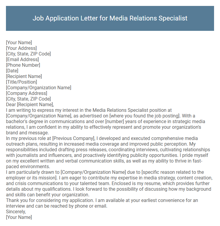 Job Application Letter for Media Relations Specialist