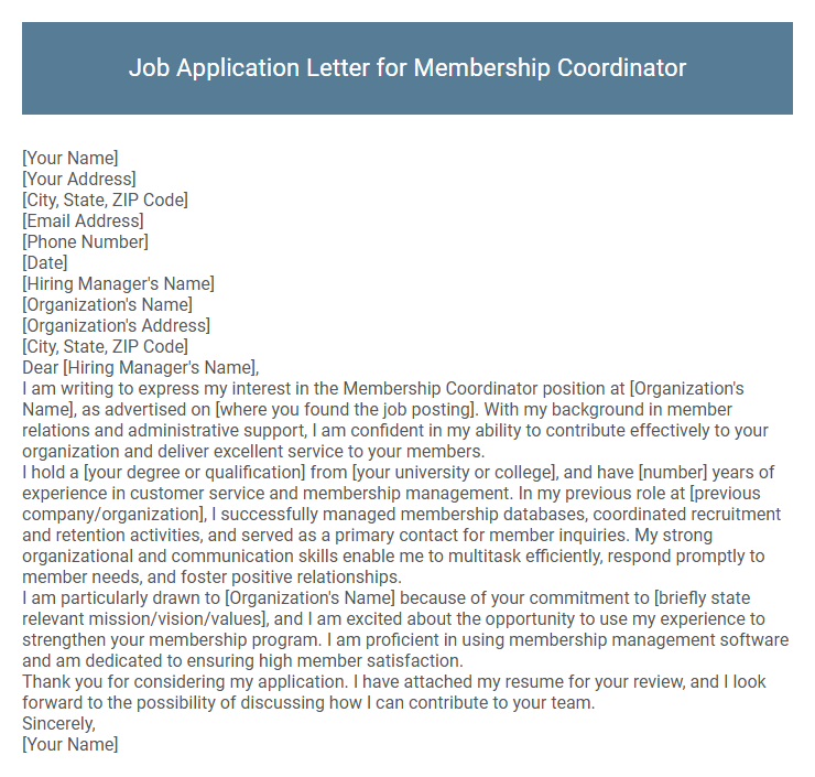 Job Application Letter for Membership Coordinator