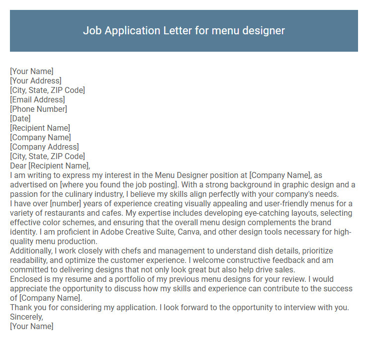 Job Application Letter for menu designer