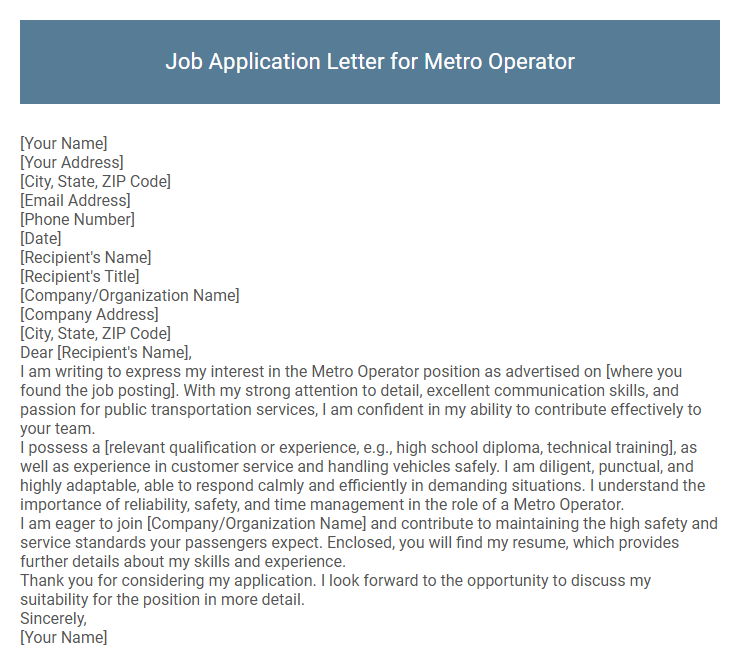 Job Application Letter for Metro Operator
