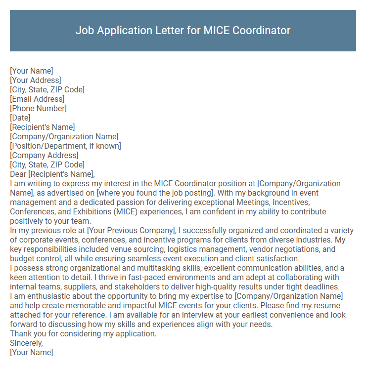 Job Application Letter for MICE Coordinator