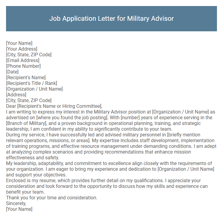 Job Application Letter for Military Advisor
