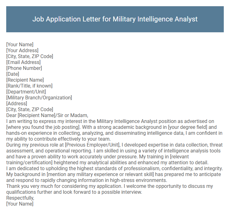 Job Application Letter for Military Intelligence Analyst
