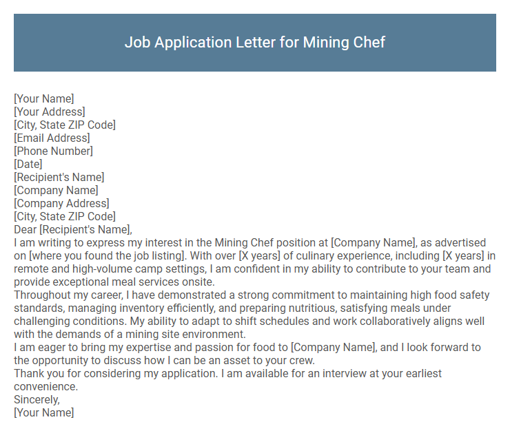 Job Application Letter for Mining Chef