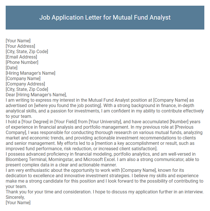 Job Application Letter for Mutual Fund Analyst