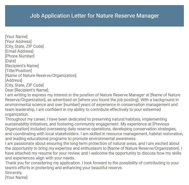 Job Application Letter for Nature Reserve Manager