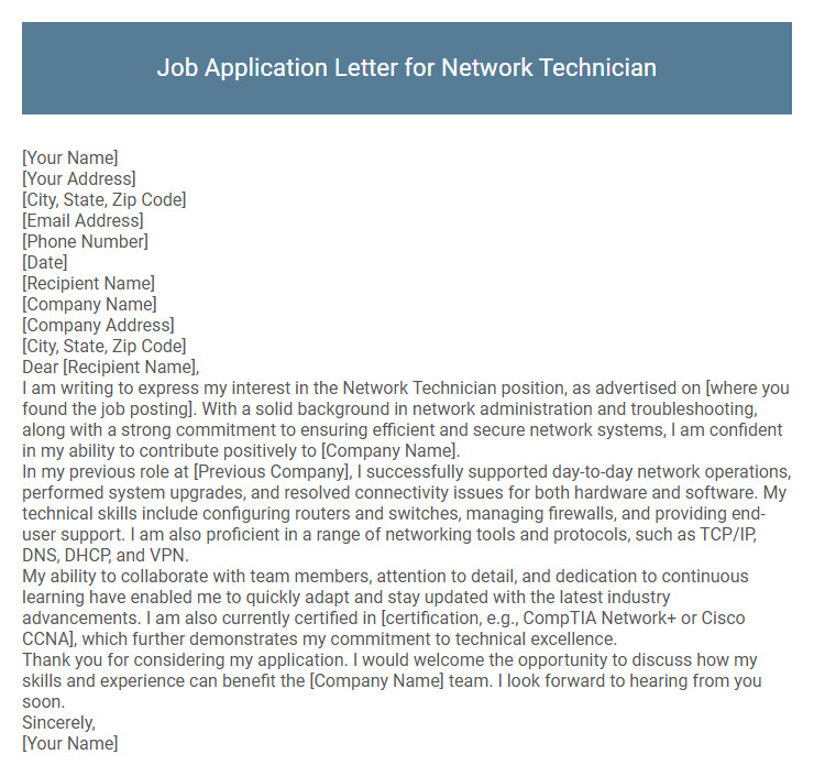Job Application Letter for Network Technician