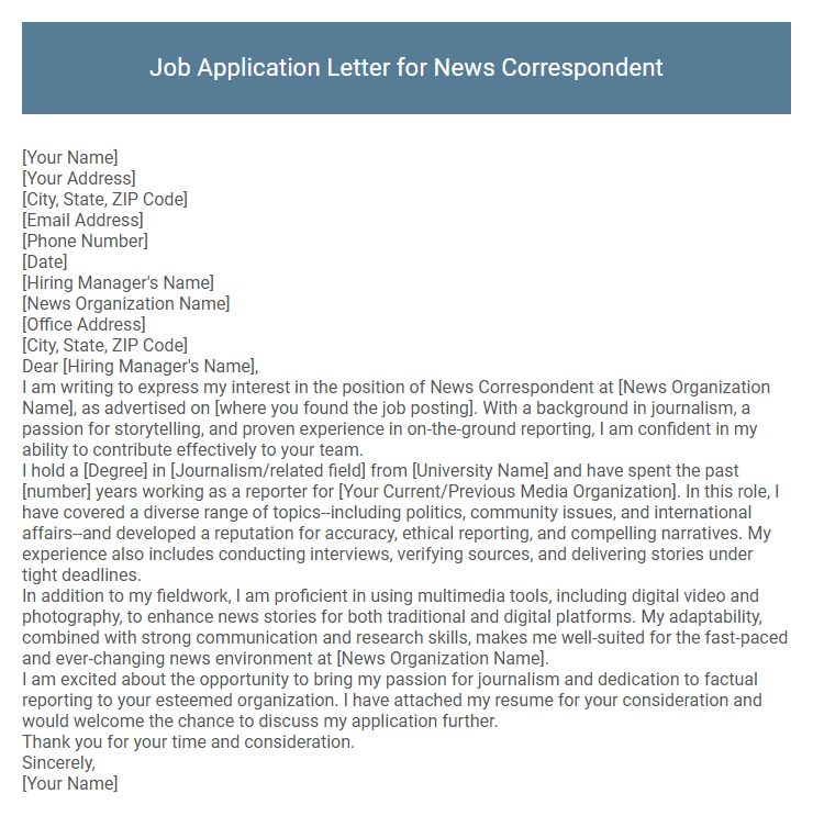 Job Application Letter for News Correspondent