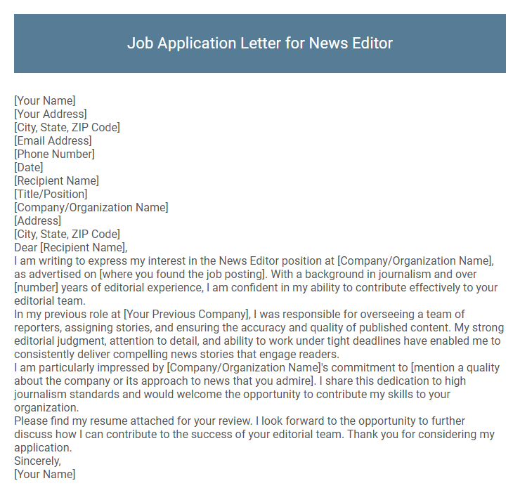 Job Application Letter for News Editor