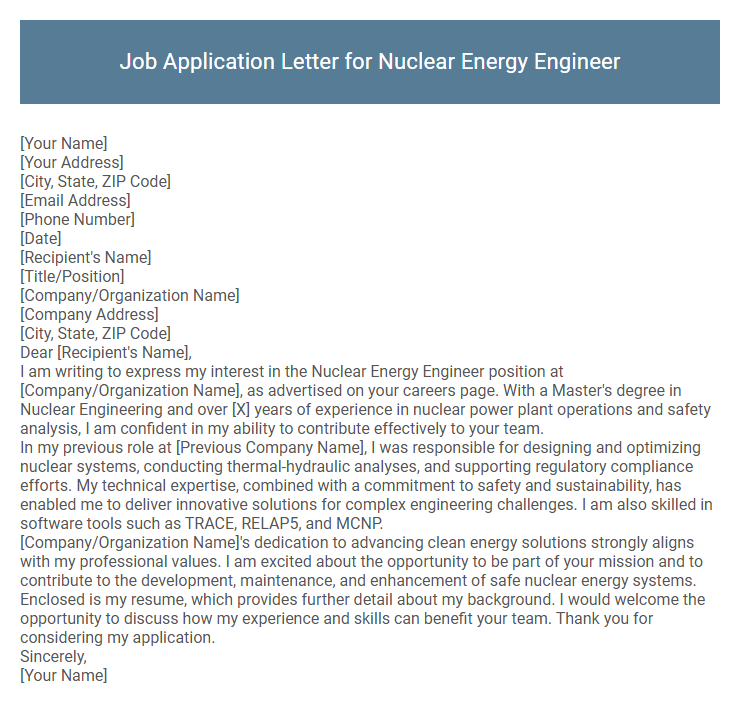Job Application Letter for Nuclear Energy Engineer