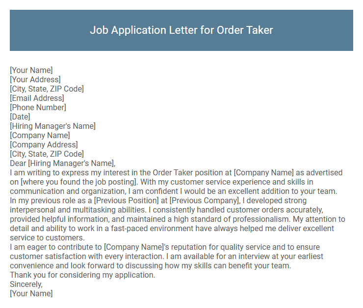 Job Application Letter for Order Taker