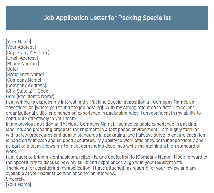 Job Application Letter for Packing Specialist