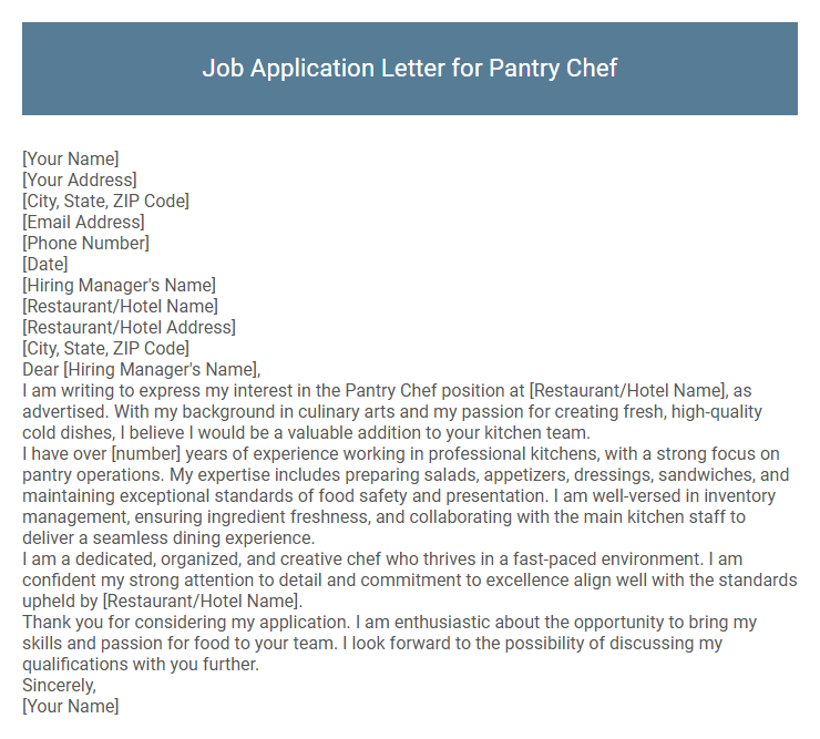 Job Application Letter for Pantry Chef