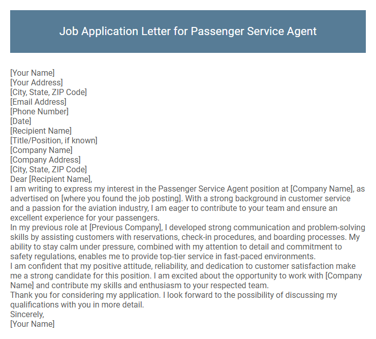 Job Application Letter for Passenger Service Agent