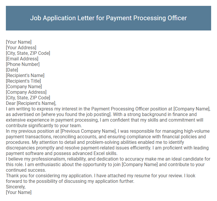 Job Application Letter for Payment Processing Officer