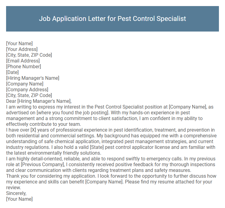 Job Application Letter for Pest Control Specialist