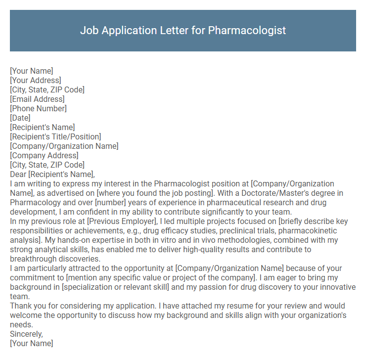 Job Application Letter for Pharmacologist