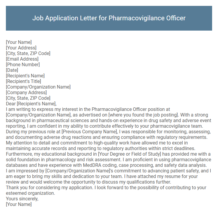 Job Application Letter for Pharmacovigilance Officer