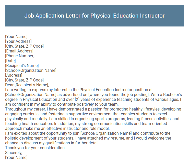 Job Application Letter for Physical Education Instructor