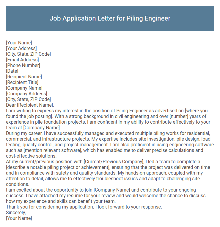 Job Application Letter for Piling Engineer
