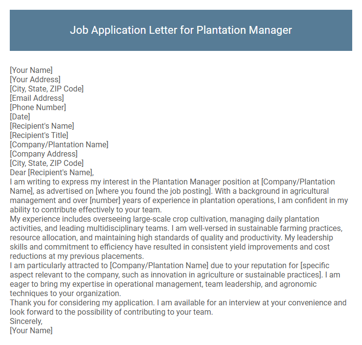 Job Application Letter for Plantation Manager