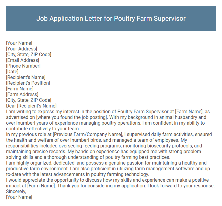 Job Application Letter for Poultry Farm Supervisor