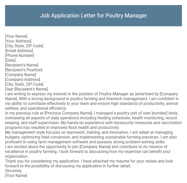Job Application Letter for Poultry Manager