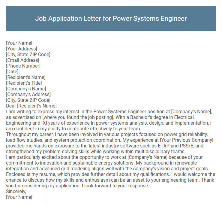 Job Application Letter for Power Systems Engineer