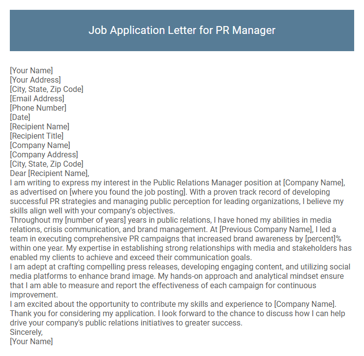 Job Application Letter for PR Manager