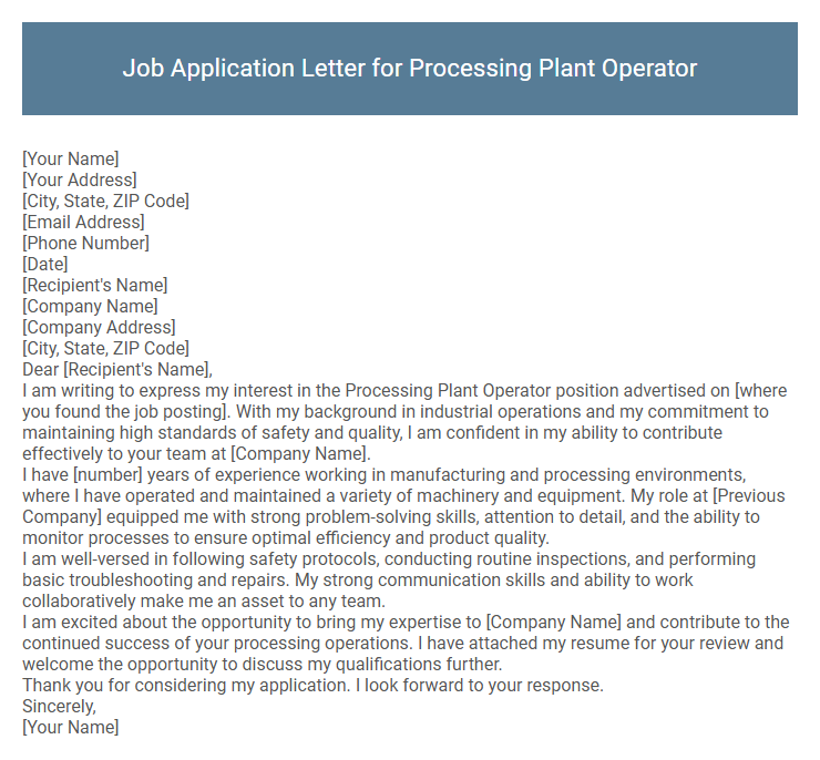 Job Application Letter for Processing Plant Operator