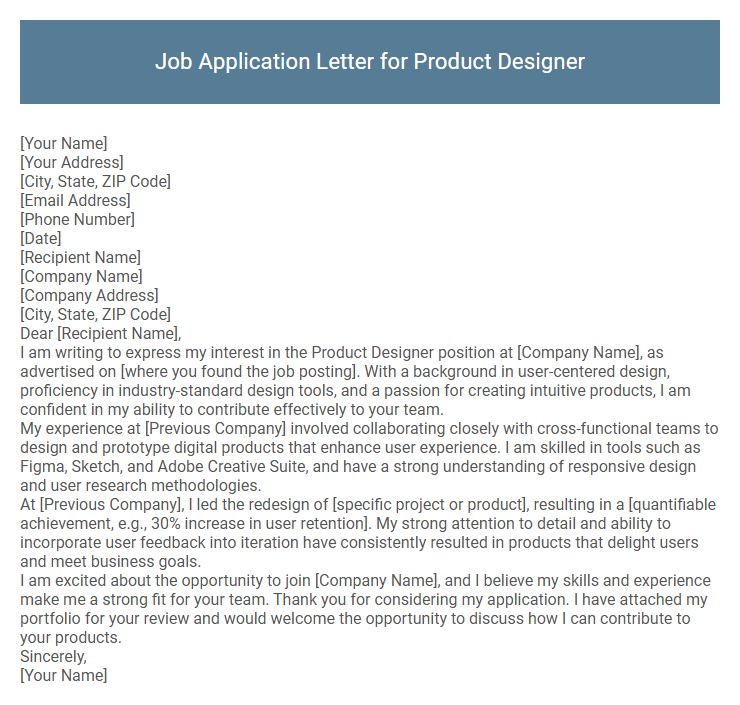 Job Application Letter for Product Designer