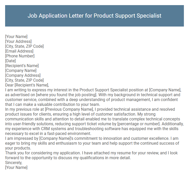 Job Application Letter for Product Support Specialist