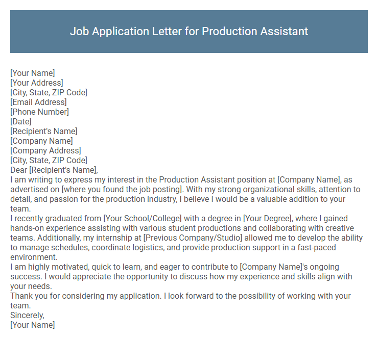 Job Application Letter for Production Assistant