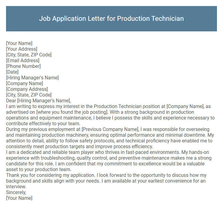 Job Application Letter for Production Technician